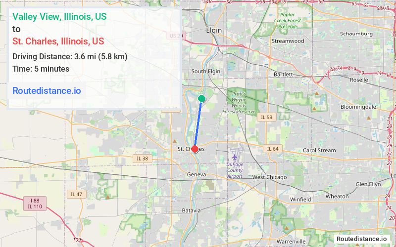 Route map from Valley View to St. Charles