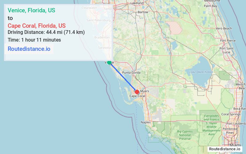 Route map from Venice to Cape Coral