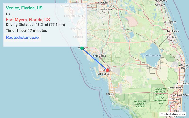 Route map from Venice to Fort Myers