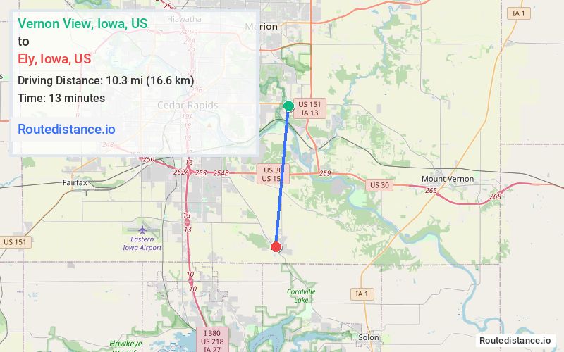 Route map from Vernon View to Ely