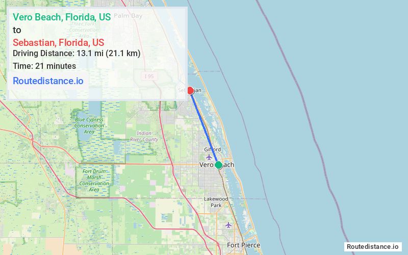 Route map from Vero Beach to Sebastian