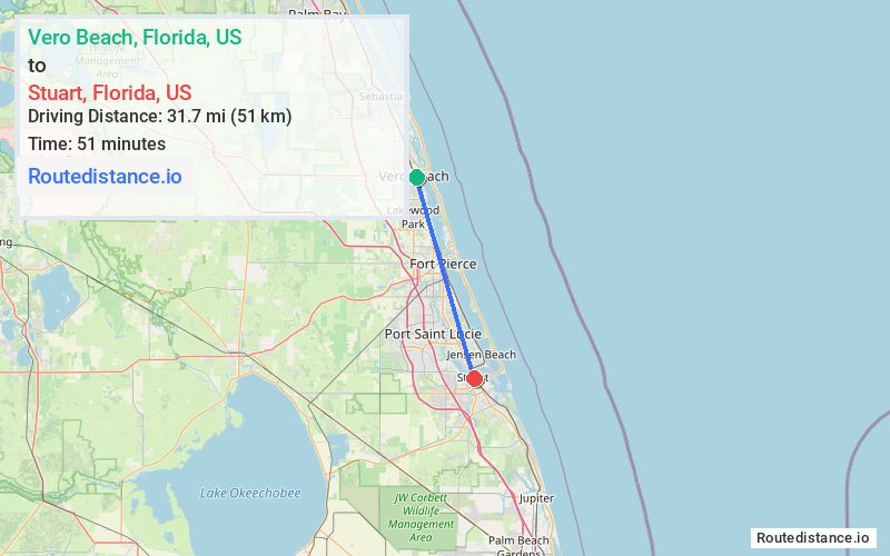 Route map from Vero Beach to Stuart