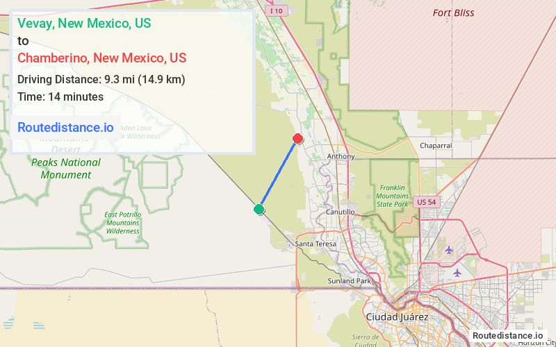 Route map from Vevay to Chamberino