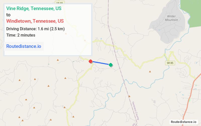 Route map from Vine Ridge to Windletown