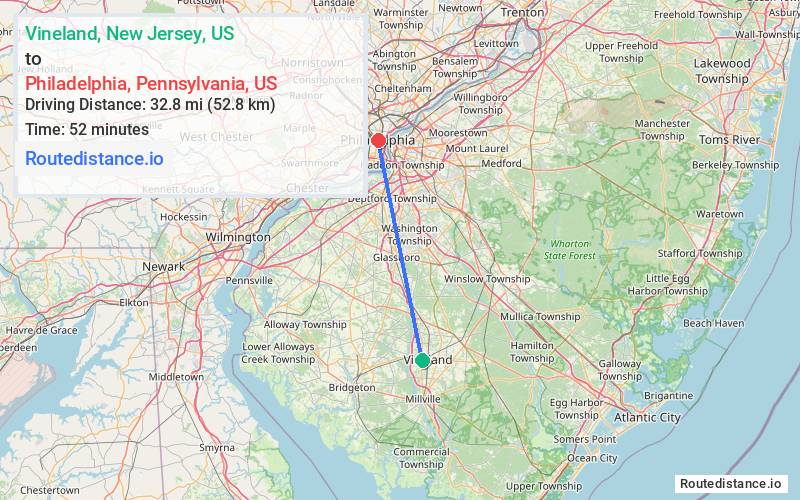 Distance from Vineland to Philadelphia