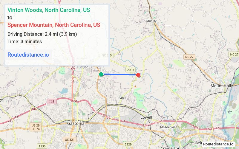 Route map from Vinton Woods to Spencer Mountain