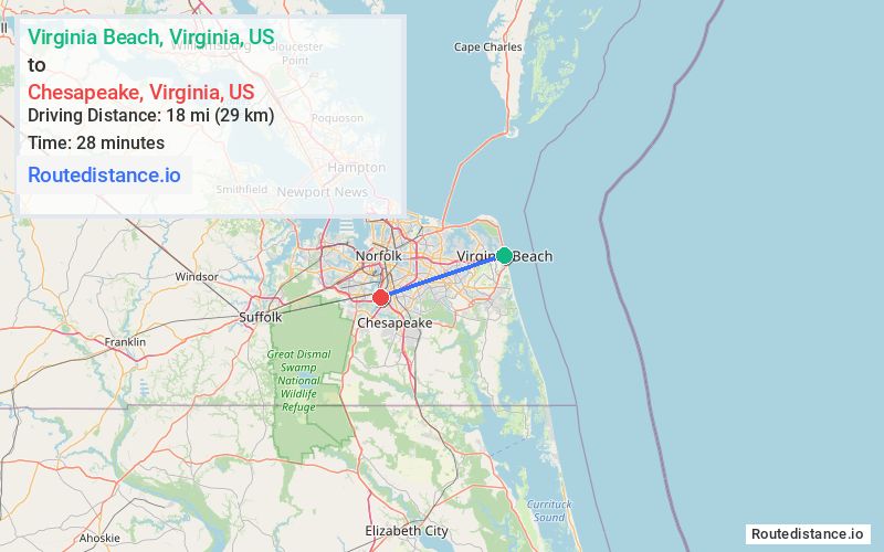 Distance from Virginia Beach to Chesapeake