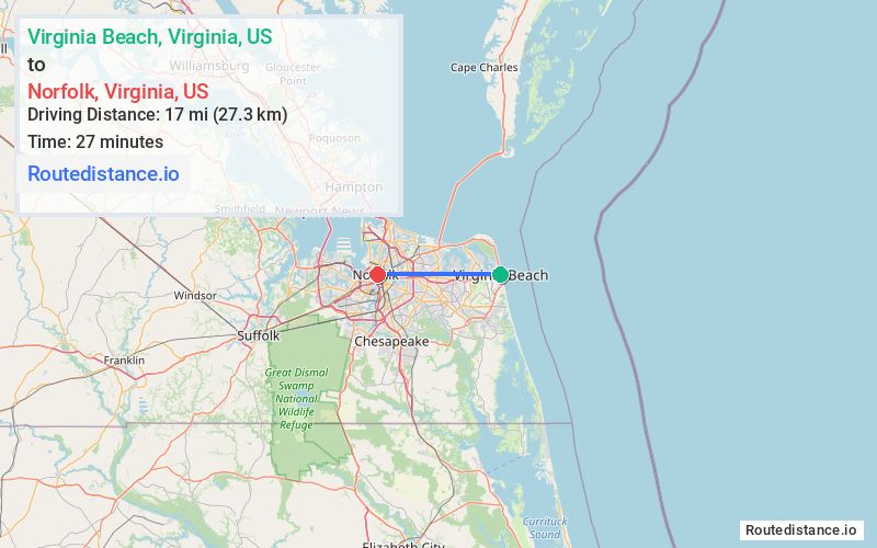 Distance from Virginia Beach to Norfolk