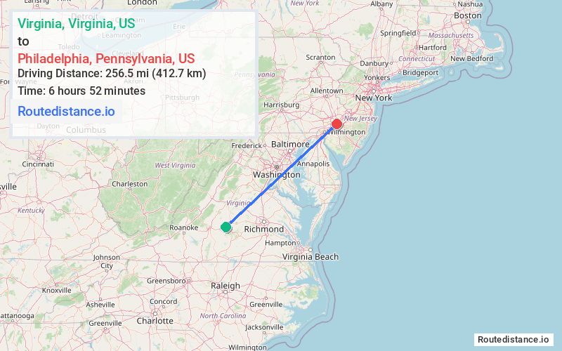 Route map from Virginia to Philadelphia