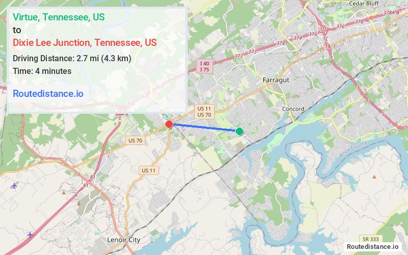 Route map from Virtue to Dixie Lee Junction