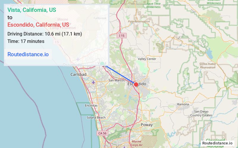 Route map from Vista to Escondido