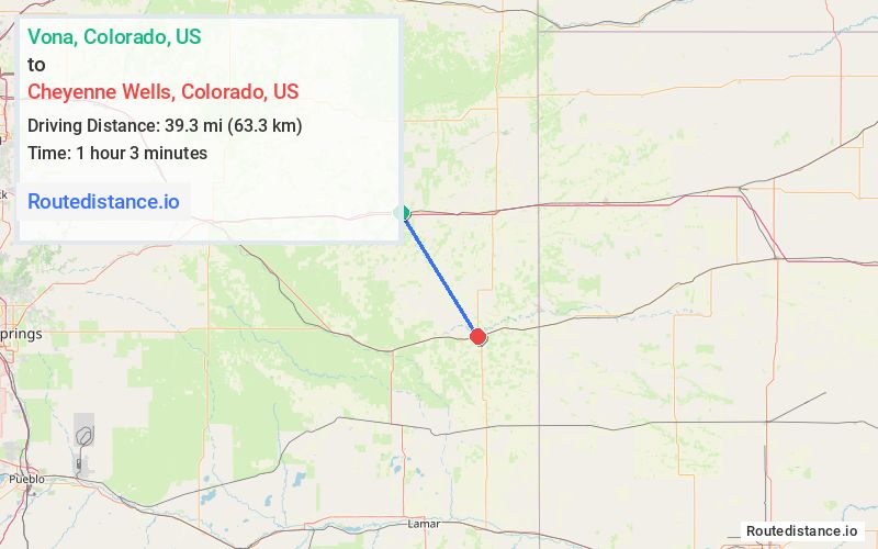Route map from Vona to Cheyenne Wells