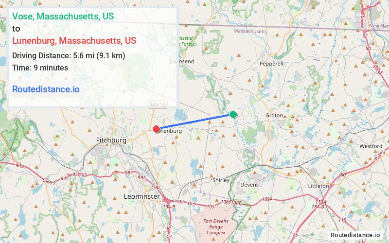 Route map from Vose to Lunenburg