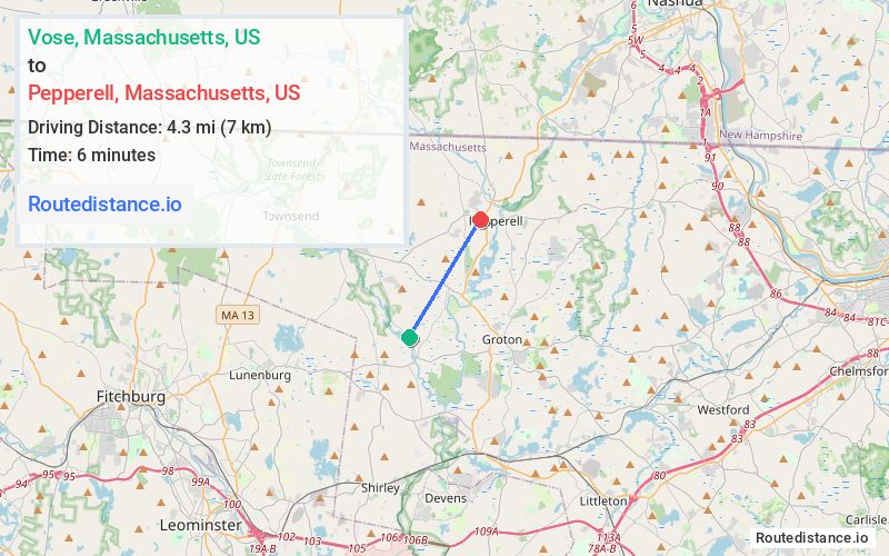 Route map from Vose to Pepperell