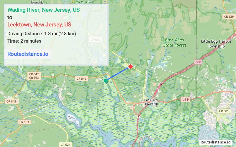 Route map from Wading River to Leektown
