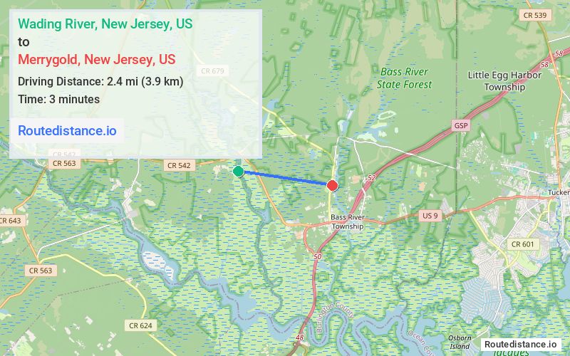 Route map from Wading River to Merrygold