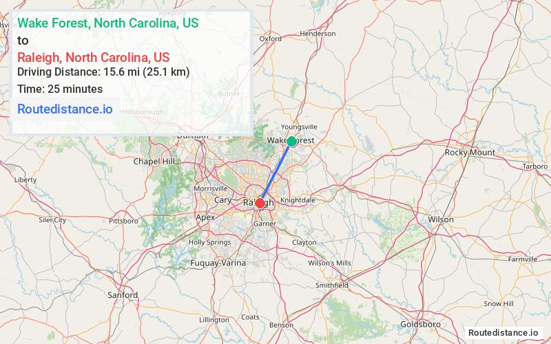 Route map from Wake Forest to Raleigh