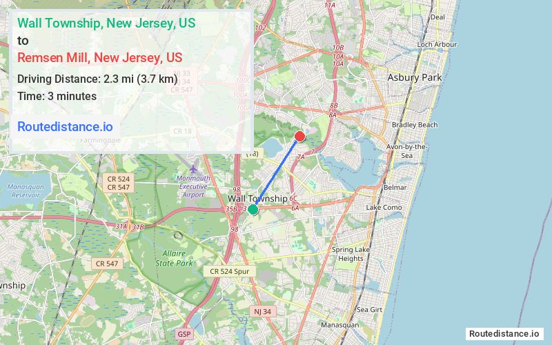 Route map from Wall Township to Remsen Mill