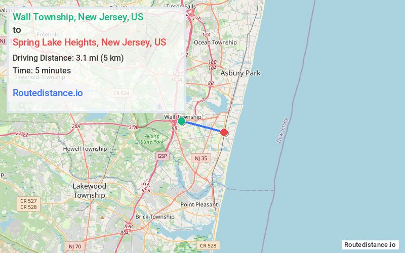 Route map from Wall Township to Spring Lake Heights
