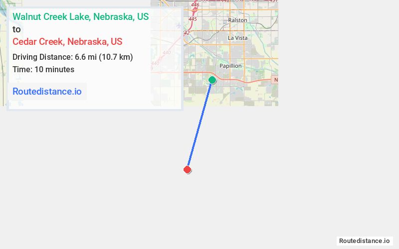Route map from Walnut Creek Lake to Cedar Creek