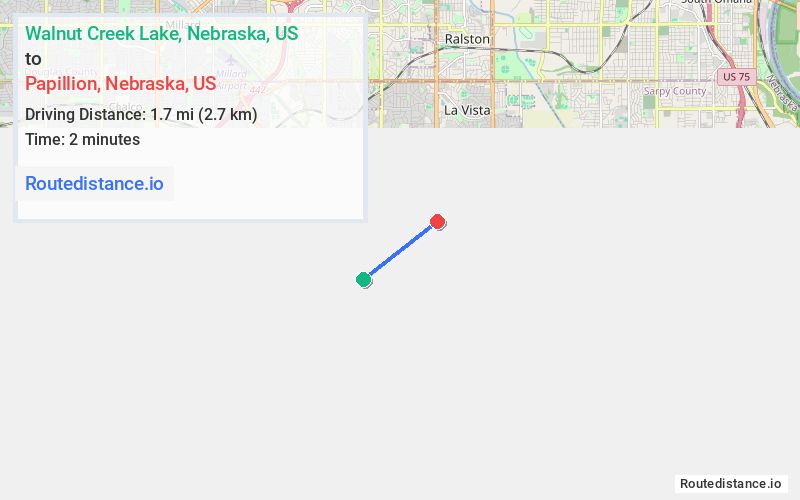 Route map from Walnut Creek Lake to Papillion