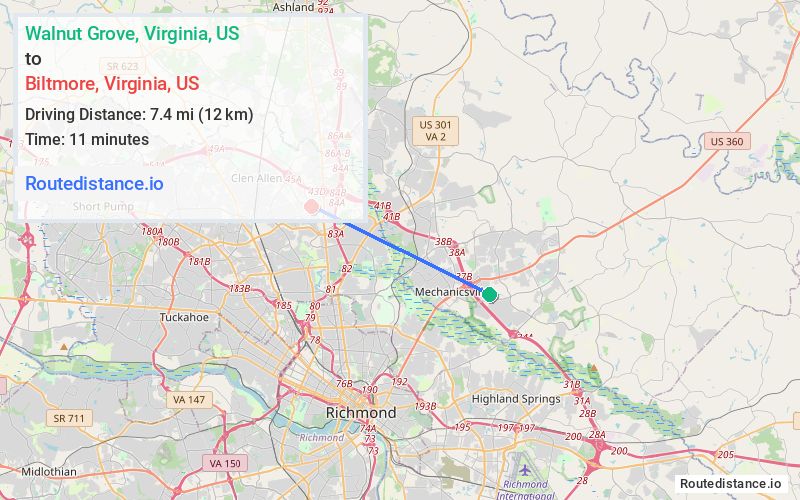 Route map from Walnut Grove to Biltmore