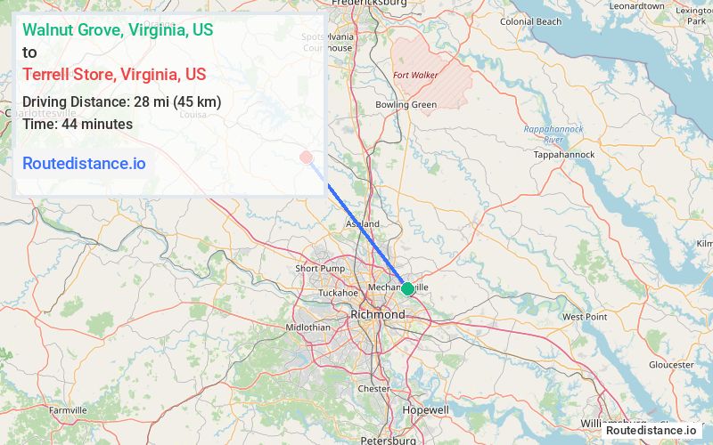 Route map from Walnut Grove to Terrell Store