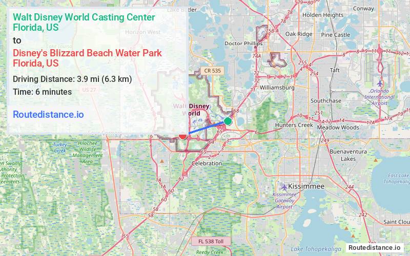 Route map from Walt Disney World Casting Center to Disney's Blizzard Beach Water Park