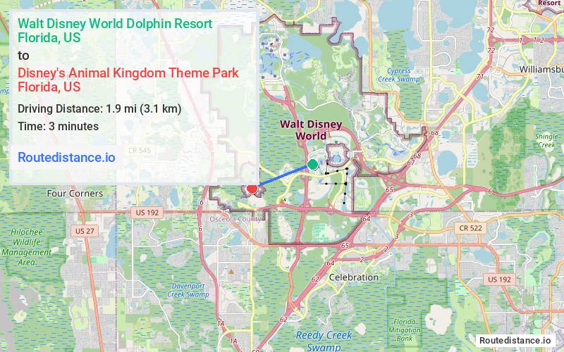 Route map from Walt Disney World Dolphin Resort to Disney's Animal Kingdom Theme Park