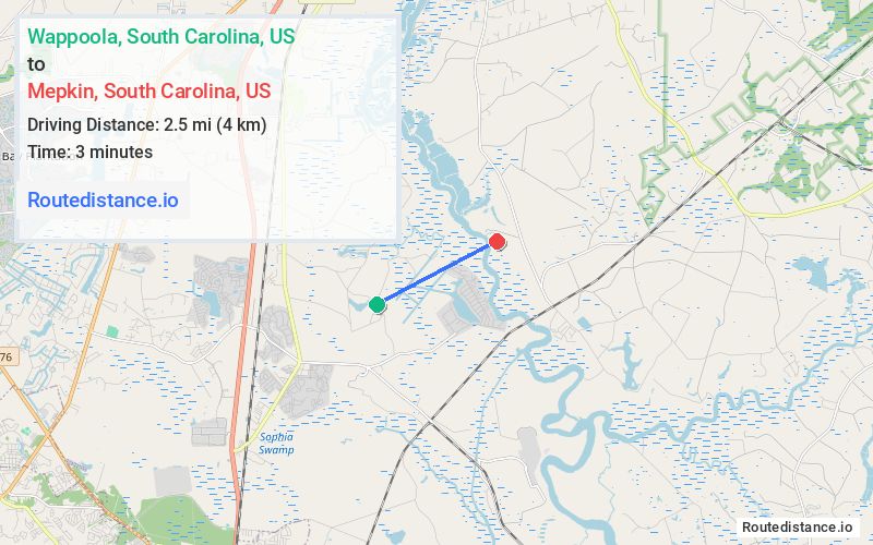 Route map from Wappoola to Mepkin