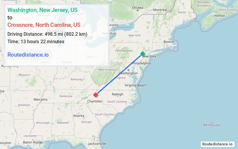 Route map from Washington to Crossnore