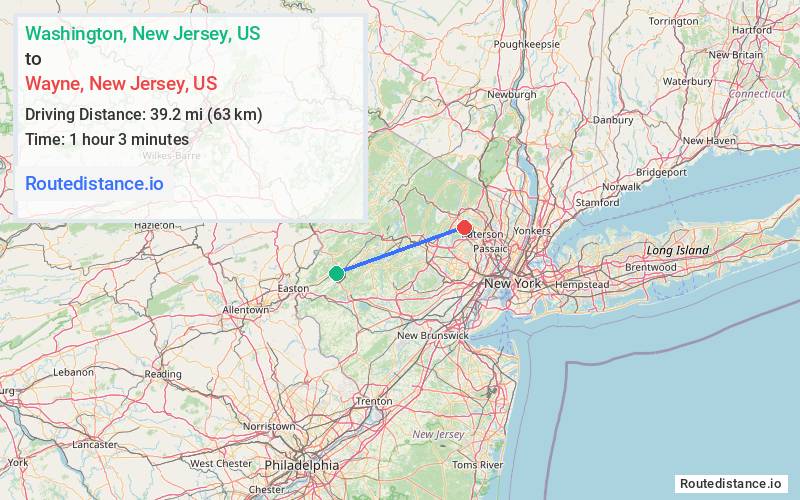 Route map from Washington to Wayne