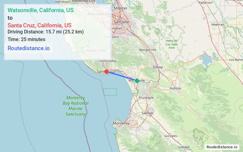 Route map from Watsonville to Santa Cruz