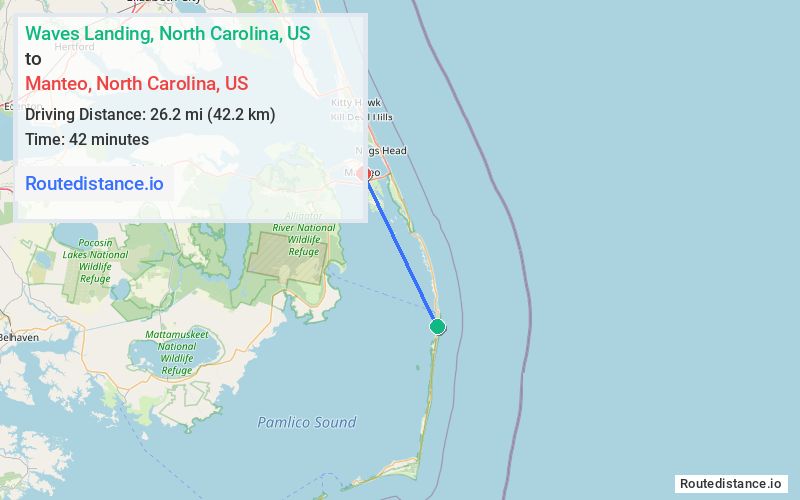 Route map from Waves Landing to Manteo