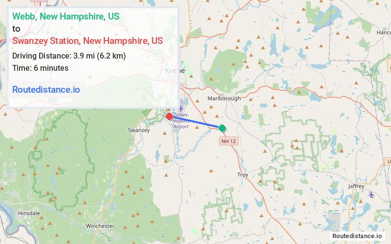 Route map from Webb to Swanzey Station