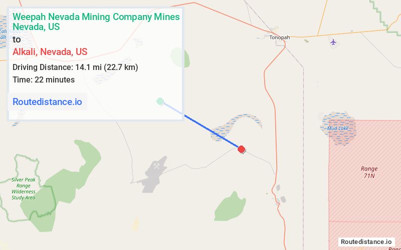 Route map from Weepah Nevada Mining Company Mines to Alkali