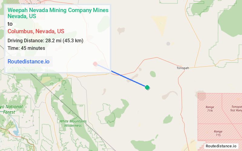 Route map from Weepah Nevada Mining Company Mines to Columbus