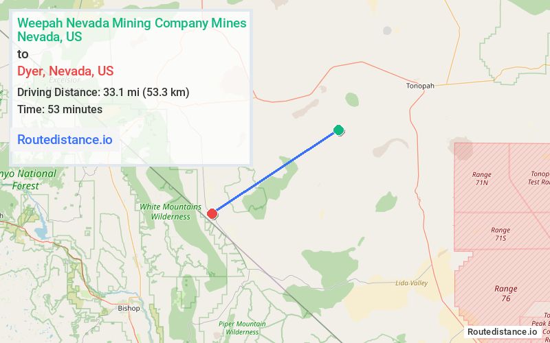 Route map from Weepah Nevada Mining Company Mines to Dyer