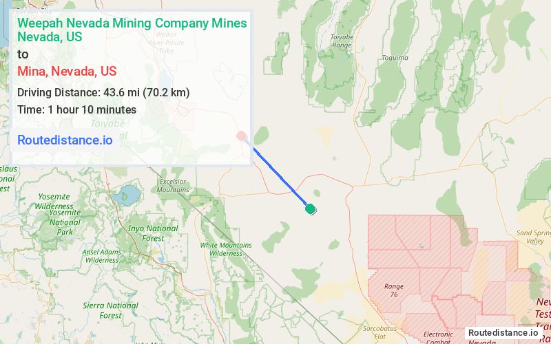 Route map from Weepah Nevada Mining Company Mines to Mina