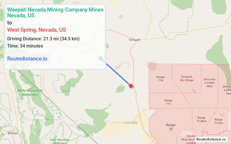 Route map from Weepah Nevada Mining Company Mines to West Spring