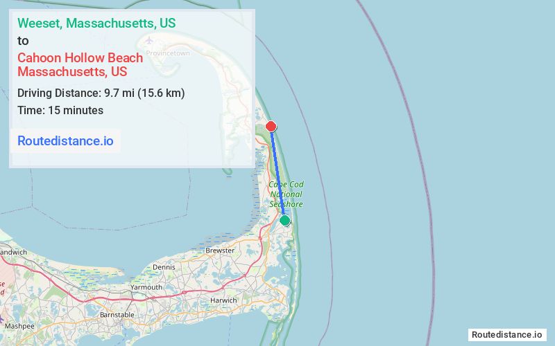 Route map from Weeset to Cahoon Hollow Beach