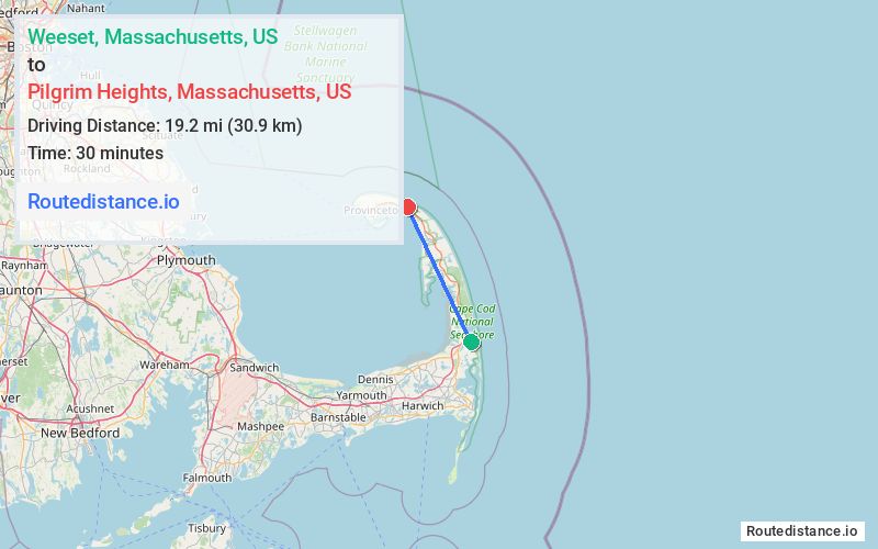 Route map from Weeset to Pilgrim Heights