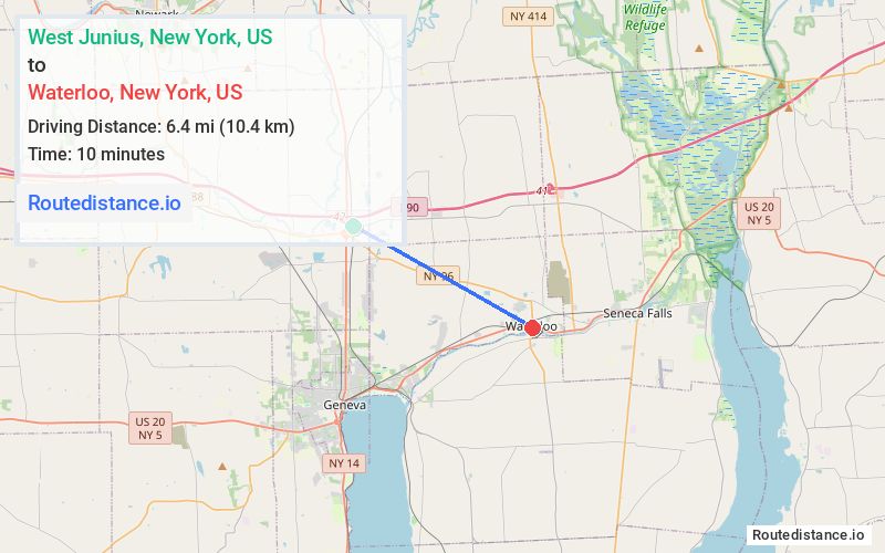 Route map from West Junius to Waterloo