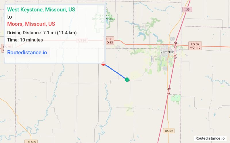 Distance from West Keystone to Moors