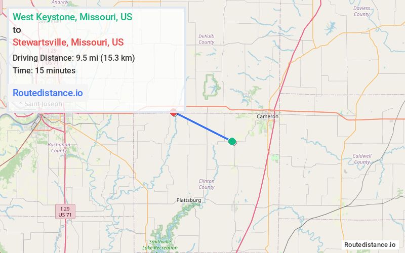Route map from West Keystone to Stewartsville