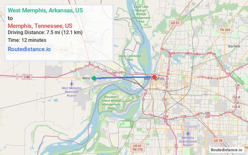 Distance from West Memphis to Memphis