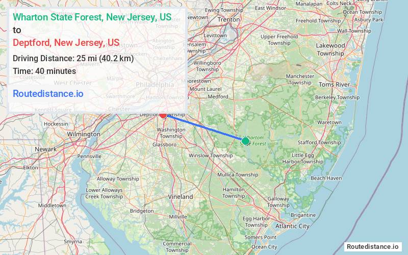 Route map from Wharton State Forest to Deptford