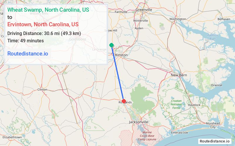 Route map from Wheat Swamp to Ervintown