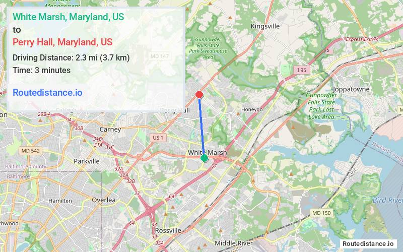 Route map from White Marsh to Perry Hall