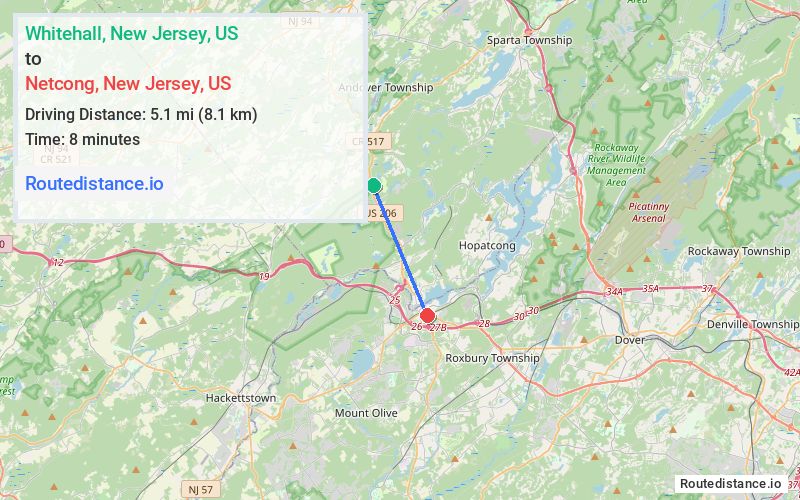 Distance from Whitehall to Netcong